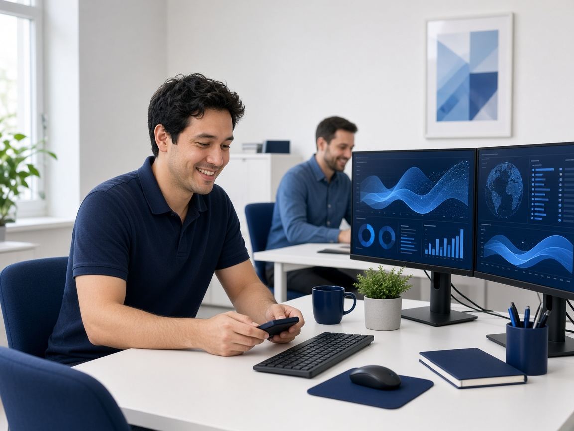 Cheerful tech support professional at a tidy white workstation with a colleague working in the background