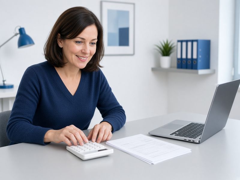 Bookkeeper entering invoices on a desk calculator beside a laptop and paper invoices