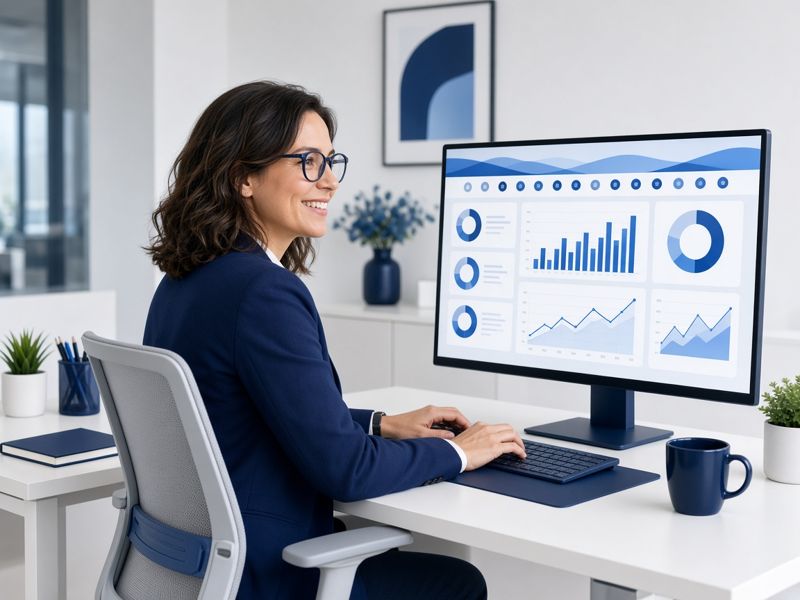 Marketer smiling at a monitor showing a CRM dashboard and campaign charts