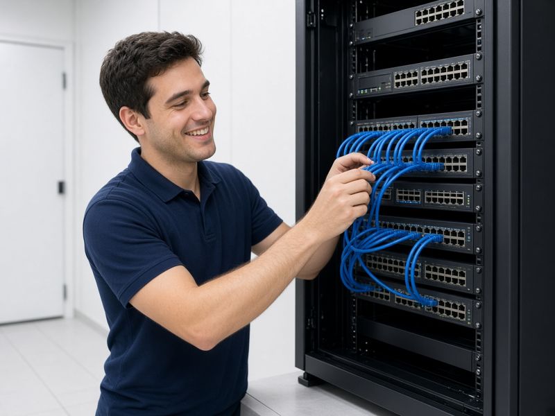 Technician organizing blue network cables in a server rack