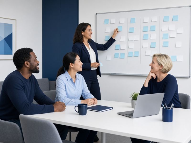 Project manager at a kanban board of sticky notes leading a small team meeting