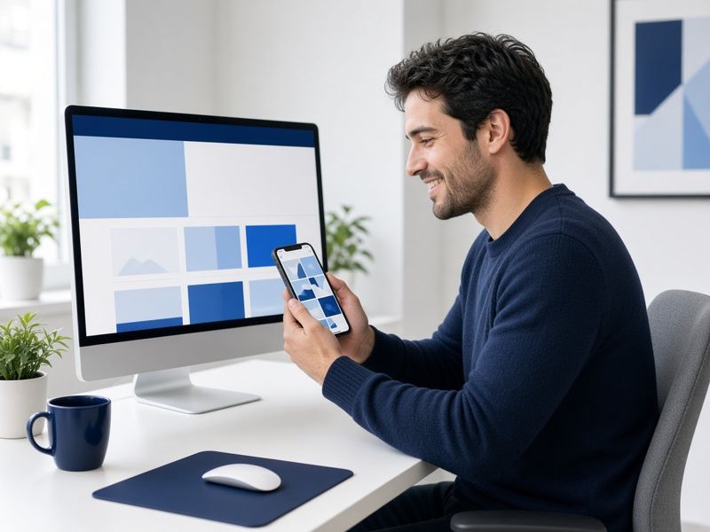 Web designer reviewing a website layout on a large monitor and a social media feed on a phone